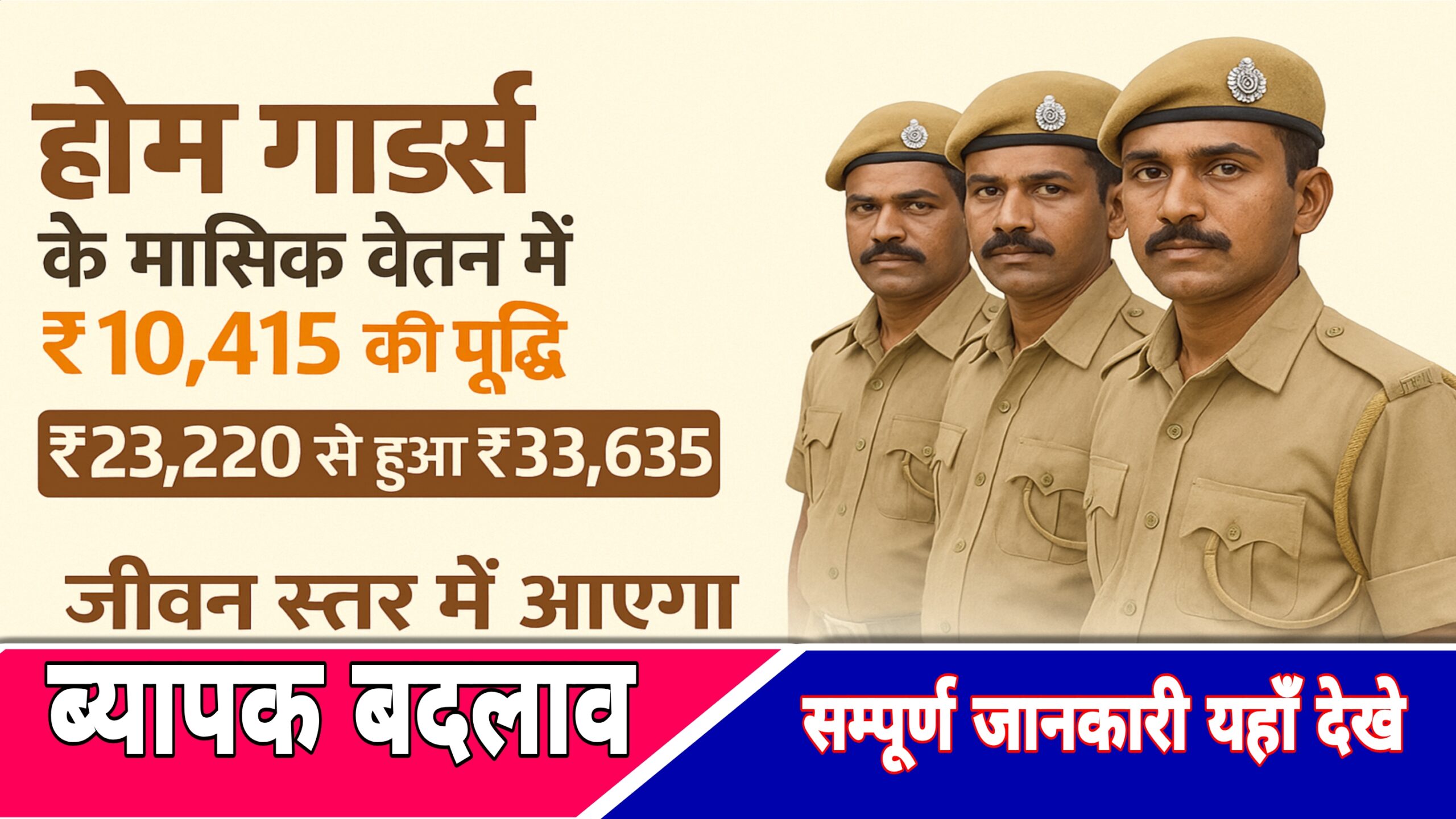 बिहार होम गार्ड्स के मासिक वेतन में 2025 में ₹10,415 की वृद्धि, दैनिक ड्यूटी भत्ता ₹774 से बढ़कर ₹1,121 हुआ। मासिक वेतन अब ₹33,635 है। इस तालिका में पहले और नए वेतन तथा भत्तों का विस्तार से विवरण दिया गया है।