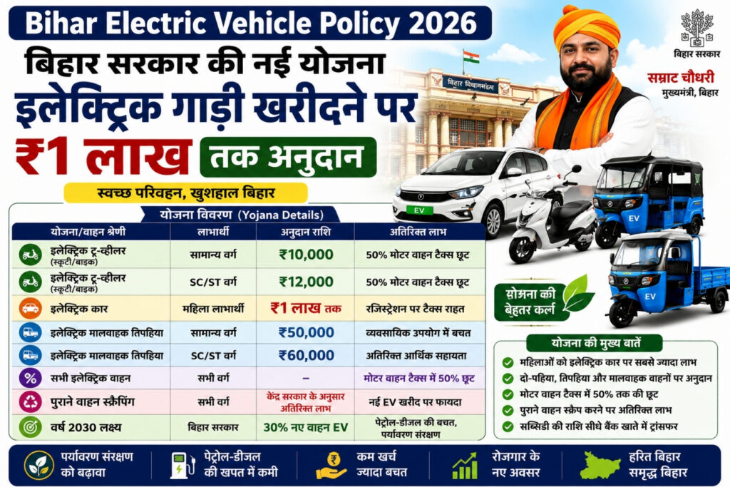 Bihar Electric Vehicle Policy 2026 इलेक्ट्रिक गाड़ी खरीदने पर ₹1 लाख तक अनुदान योजना Details