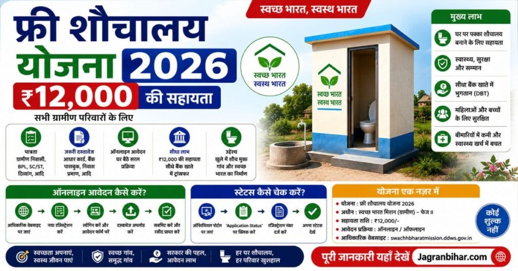 फ़्री शौचालय योजना 2026 स्टेटस चेक – आवेदन, ₹12,000 सहायता और पूरी जानकारी